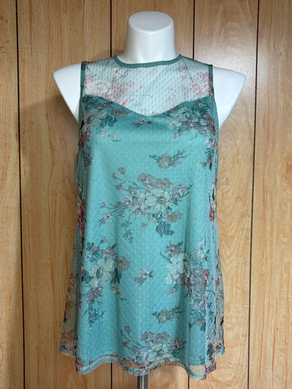 Apt. 9 Teal Floral Sleeveless Mesh Yoke Blouse SZ - L